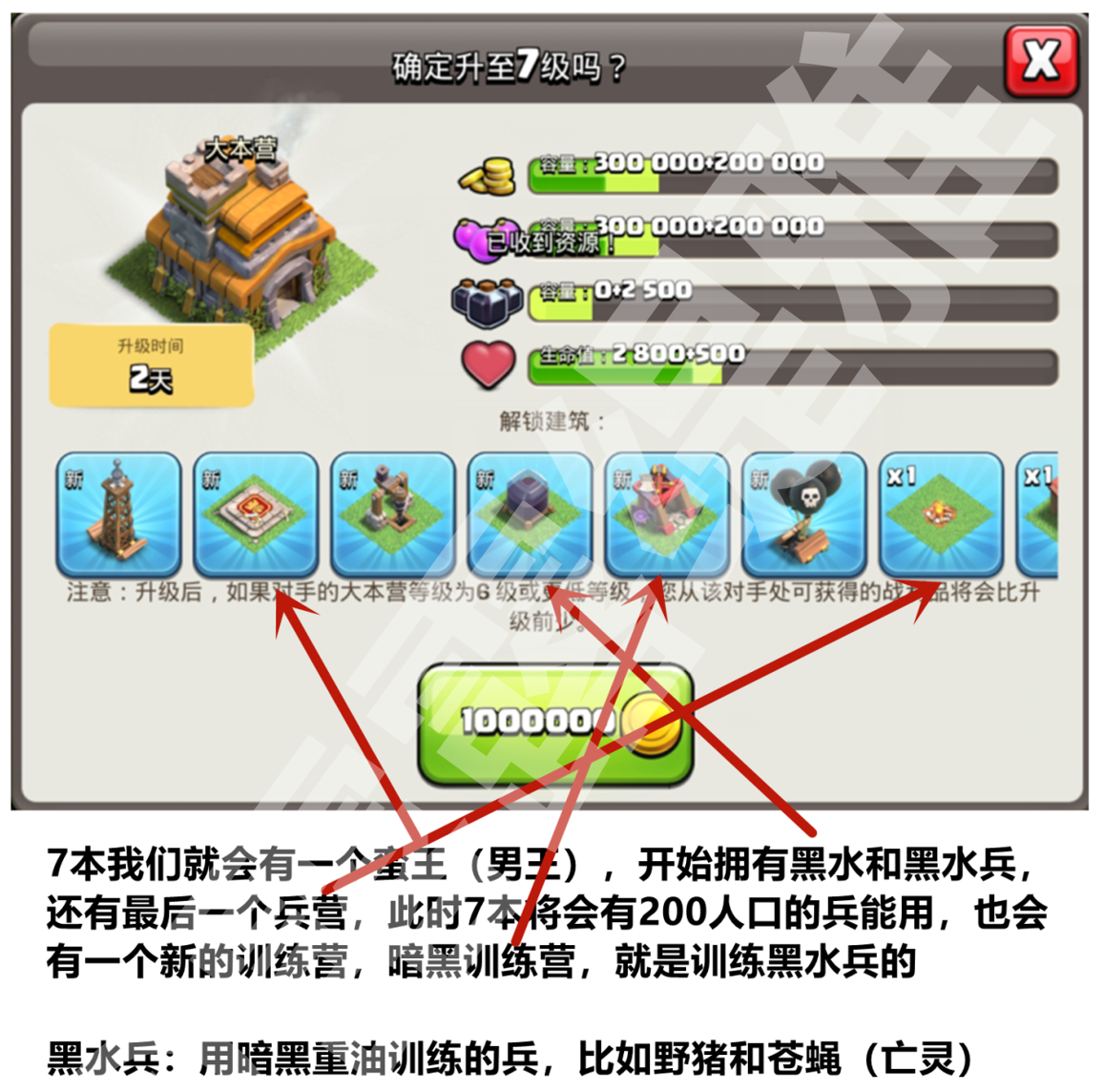 7 本我们就会有一个蛮王(男王),开始拥有黑水和黑水兵,还有最后一个兵营。此时 7 本将会拥有 200 人口的兵能用,也会有一个新的训练营——暗黑训练营,就是训练黑水兵的。黑水兵:用暗黑重油训练的兵,比如野猪和苍蝇(亡灵)。