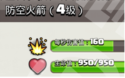 4 级防空火箭:每秒伤害 160,生命值 950