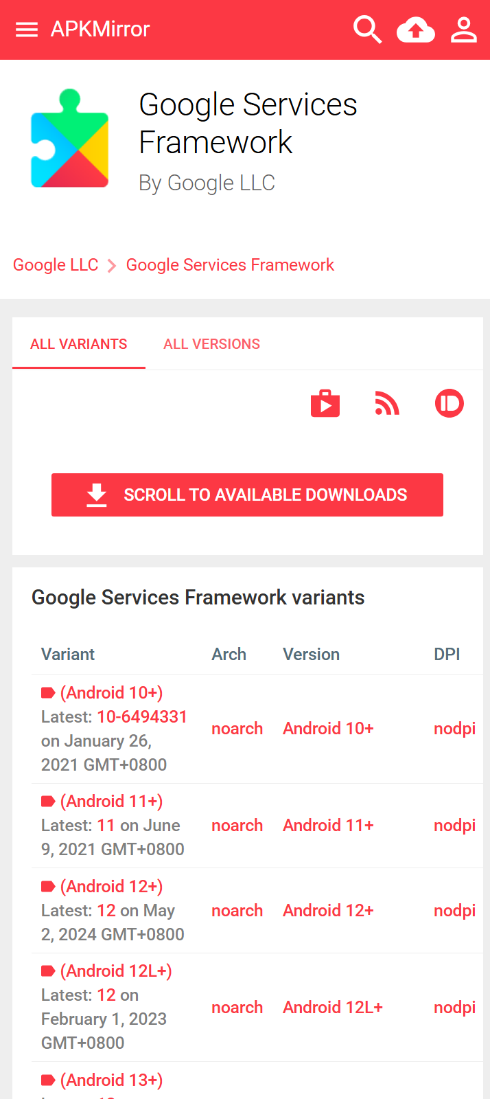 打开 Google Services Framework 的下载地址